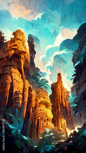 plateau cliff waterfall forest cave illustration Generative AI Content by Midjourney