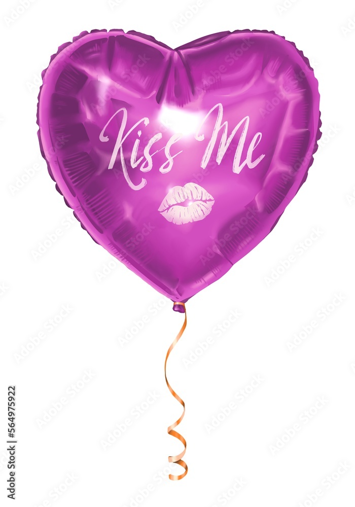 Heart shaped 3d balloon Kiss me isolated on white background. Hand drawn purple heart Valentine’s Day illustration for greeting card and invitation. Air balloon with a golden ribbon.