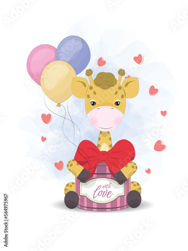 Cute, little giraffe gives a gift. Drawing for a postcard. Gift box.