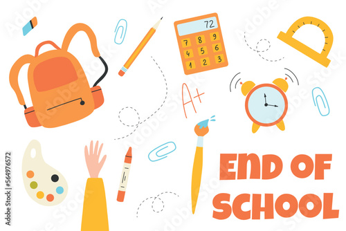 End of school. Poster banner end of school. Last day of school Graduates throw school items in the air. Vector illustration. Flat cartoon style.