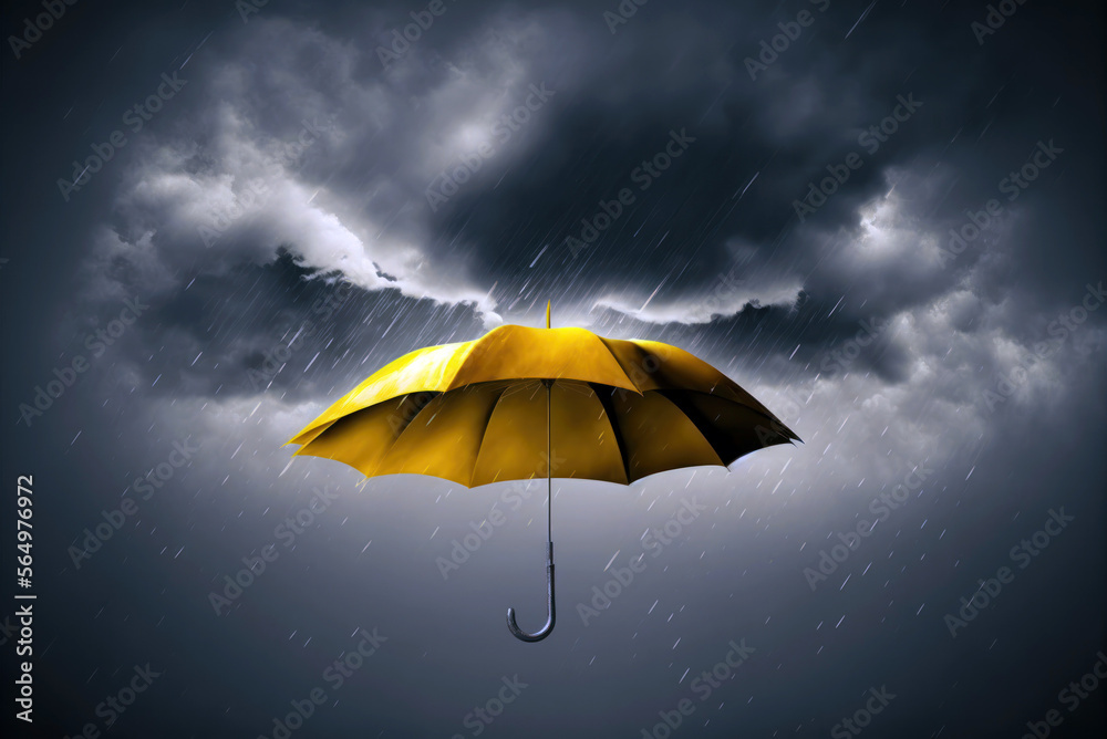 Yellow umbrella flying in the sky, dark cloudscape, storm. Protection from rain and wind. Generative AI