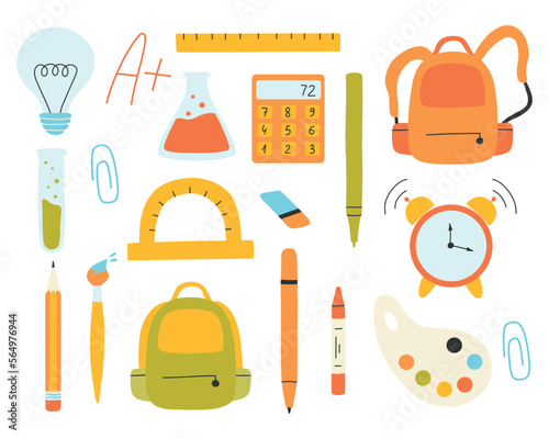 Set of school elements. Back to school. End of school collection. Vector illustration. Flat hand drawn style. Backpack, calculator, pencil, protractor, brush.