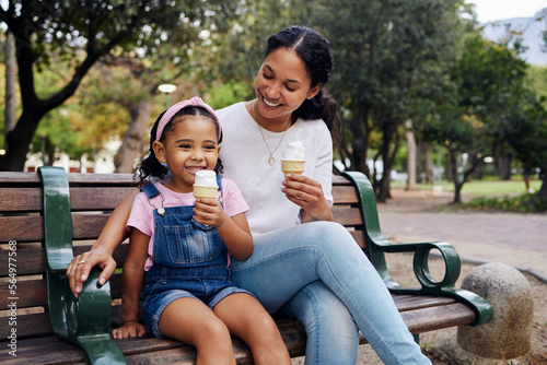Wall Mural Black family, park and ice cream with a mother and daughter bonding together while sitting on a bench outdoor in nature