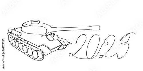One continuous line of number 2023 and Armored Tank. Thin Line Illustration vector concept. Contour Drawing Creative ideas.