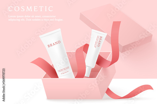 Cosmetics and skin care product ads template on pink background with gift box and ribbon.