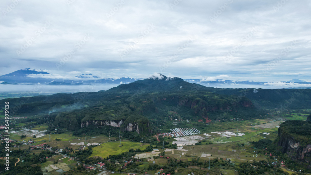 Aerial view of a beautiful landscape view of Harau Valley with mountains valley and grass view, Beautiful Minangkabau. 