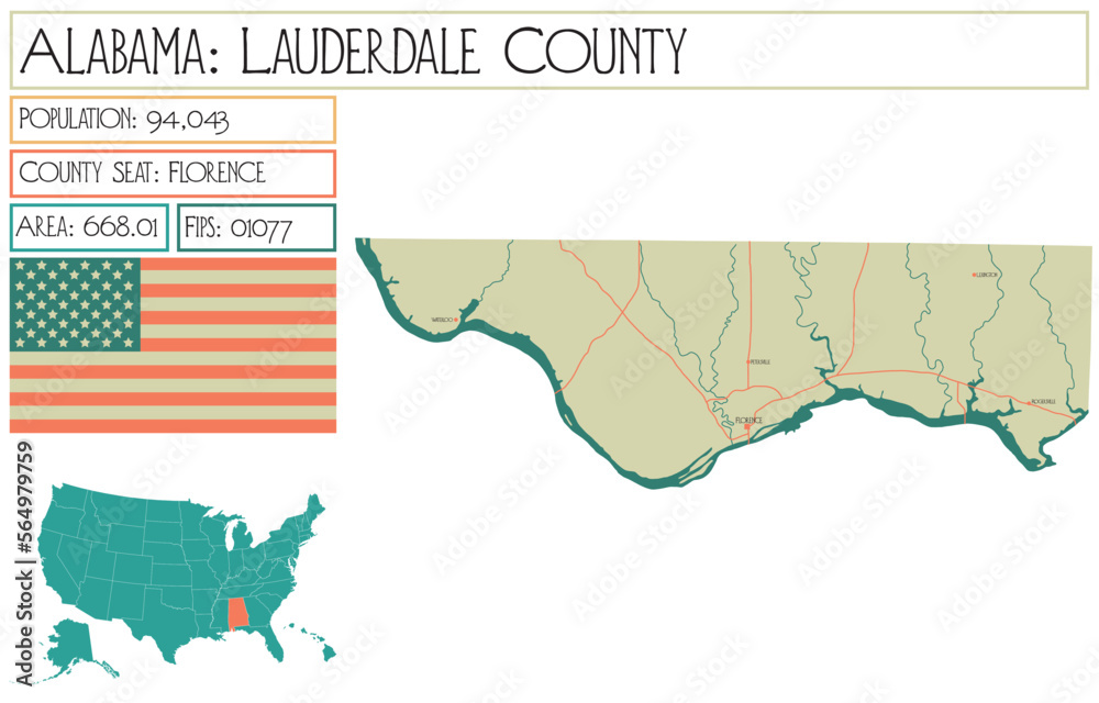 Large and detailed map of Lauderdale county in Alabama, USA.