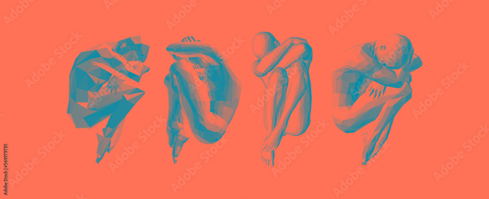 Fototapeta premium Full length view of sad stressed man sitting with hands on knees. Time for reflection. Man thinks about a problem. Despair, depression, hopelessness or addiction concept. 3D vector illustration.