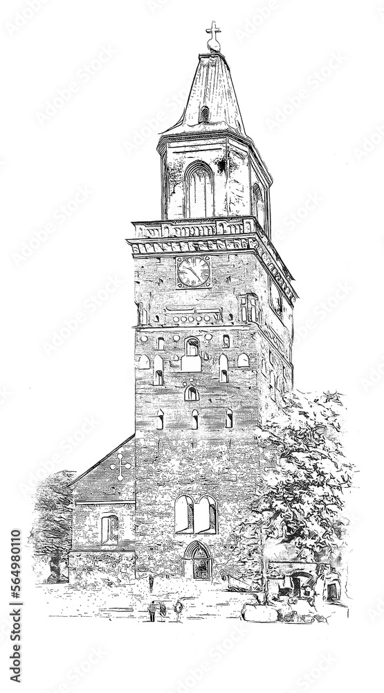 Turku Cathedral, a medieval basilica in Finland and the Mother Church of the Evangelical Lutheran Church of Finland, ink sketch illustration.