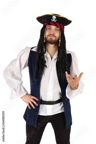 A pirate of the Caribbean in a suit is standing and gesturing. Male figure isolated on white background. © migfoto