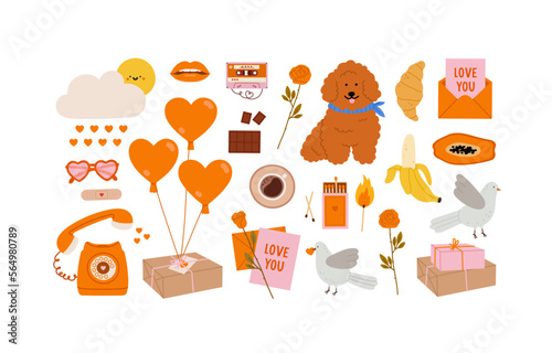 Valentine's Day elements set. Romantic objects. Sweets, gift box, balloons, rose, phone, dog, bird, love letter, matchbox. Concept of valentine's day, romance, gifts, love. 