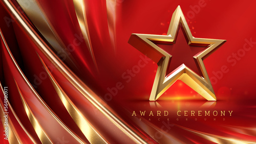 Red award ceremony background with 3d realistic luxury gold star elements with glitter light effect decoration and bokeh.