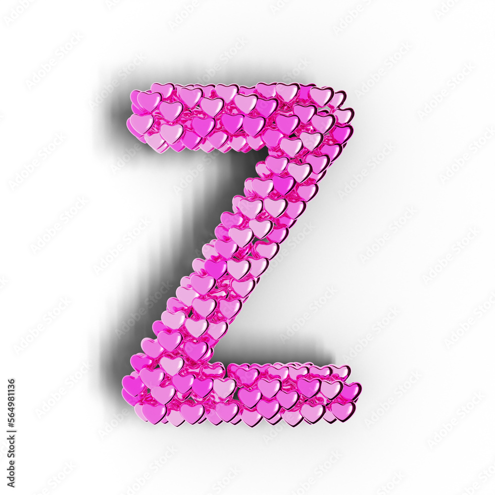 3D render of alphabet text made of pink hearts isolated on transparent background
