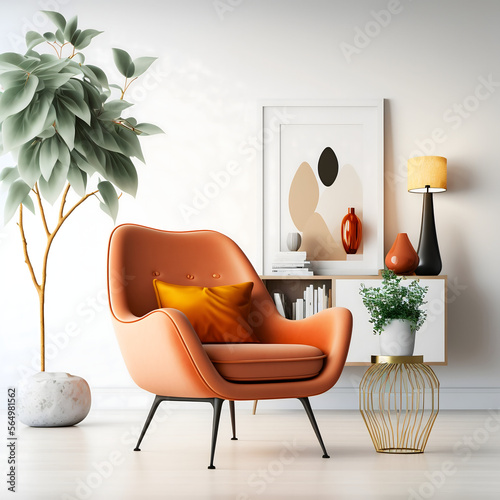 Cozy modern living room interior with Orange armchair and decoration room on a Orange or white wall background
