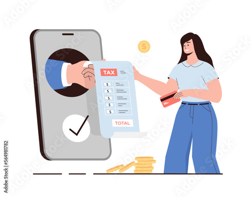 Online tax payment. Government taxation. Woman with credit card pay tax via smartphone. Remote online payments, transfers and transactions. Cartoon flat vector illustration.	