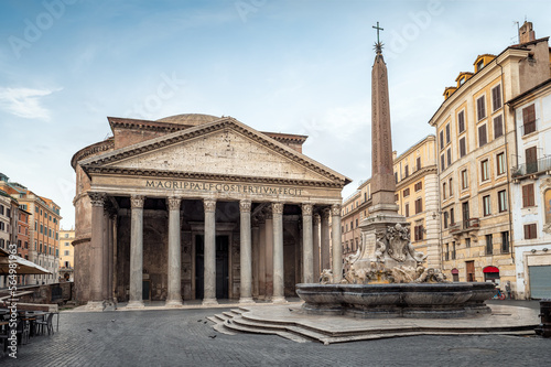 The empty Rotonda Square (Piazza della Rotonda) and the ancient building of Pantheon in peaceful sunny morning, Rome, Italy.