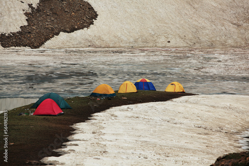 Hikers Camped at Ratti Nar Lake, Kashmir, 13000 feet photo