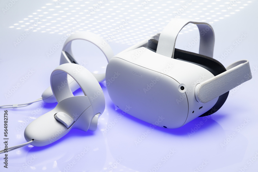 White new generation VR headset isolated on white background with blue ...