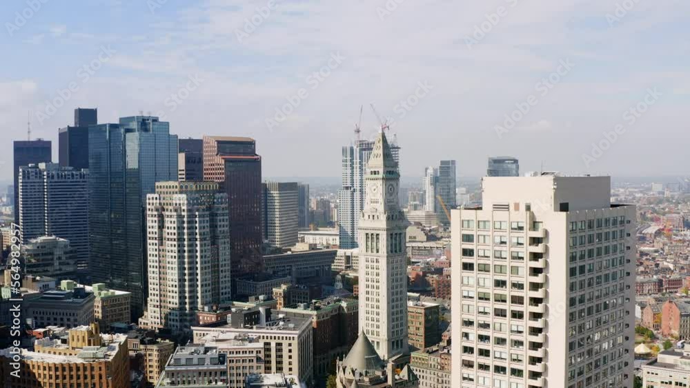 Aerial drone shot of Custom House Clock tower in Boston Aerial drone shot of Custom House Clock tower in Boston