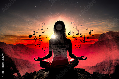 Woman in Sound healing therapy and yoga  meditation and reiki healing ,uses aspects of music to improve health and well being. can help your meditation and slowlife generative ai