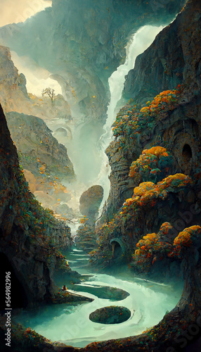 fantasy landscape with river leading into cave by Gediminas Pr illustration Generative AI Content by Midjourney