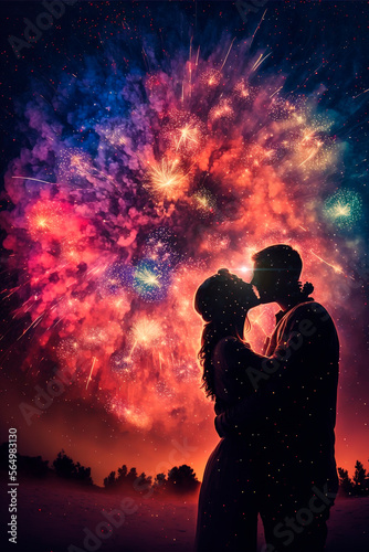 Couple of lovers hugging while fireworks coloring the sky. Generative AI