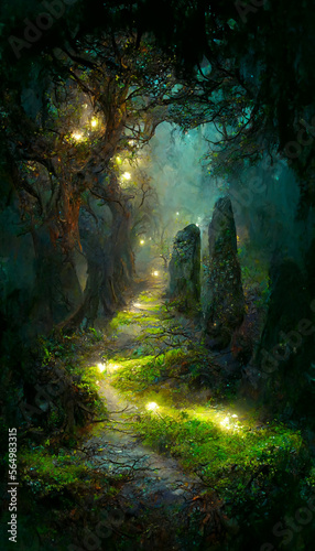 Path through magical elven woodland at night big decorated tre illustration Generative AI Content by Midjourney