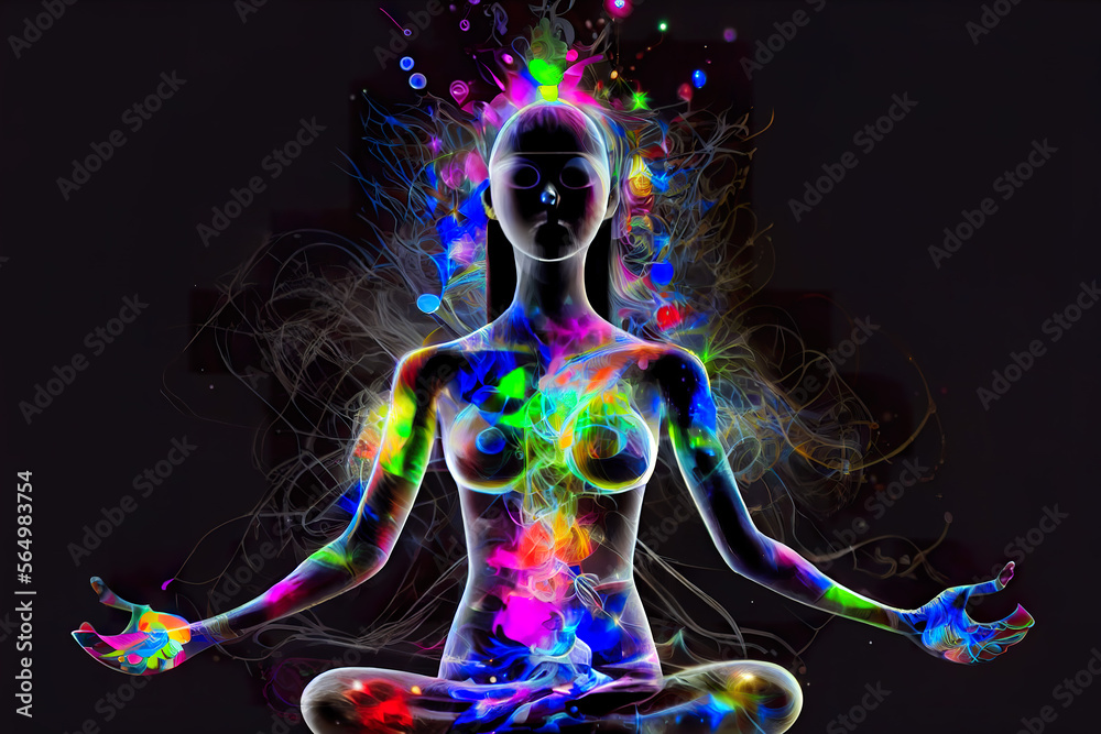 Woman in Colorful representation of a meditative yoga pose with chakra points and musical notes, symbolizing inner harmony, peace, and the art of meditation. generative ai  