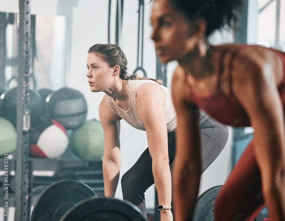 Gym, barbell workout and people doing muscle fitness performance, body