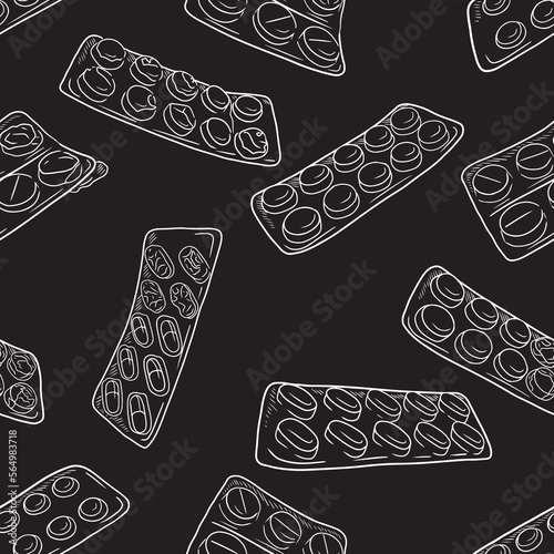 Seamless pattern with realictic pills blisters in white isolated on black background. Hand drawn vector sketch illustration in doodle simple outline vintage engraved style. MEdicine, health care.