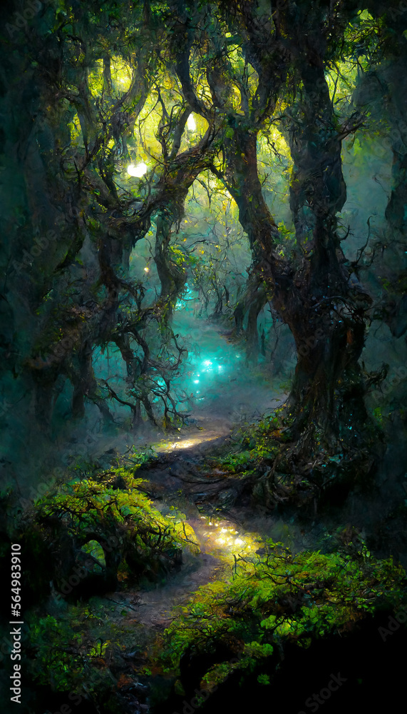 Path through magical elven woodland at night big decorated tre illustration Generative AI Content by Midjourney