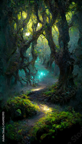 Path through magical elven woodland at night big decorated tre illustration Generative AI Content by Midjourney © simon