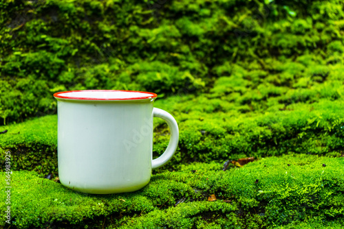 An enamel mug standing out on the top of green moss with out of focus moss background