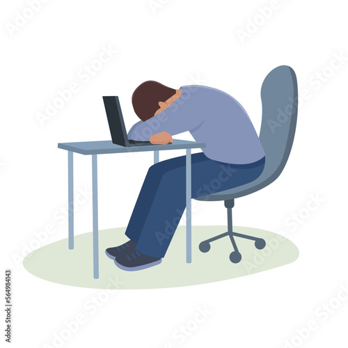 Man is sitting at table leaning over laptop. Vector isolated color illustration. 