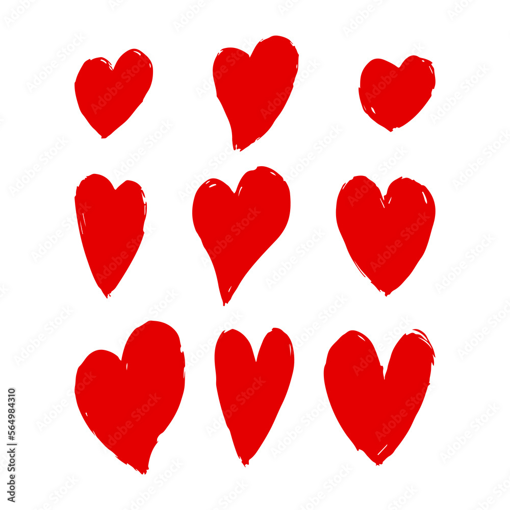 Set of red different ink hearts icons. Color silhouette. Front view. Vector simple flat graphic hand drawn illustration. Isolated object on a white background. Isolate. Texture.