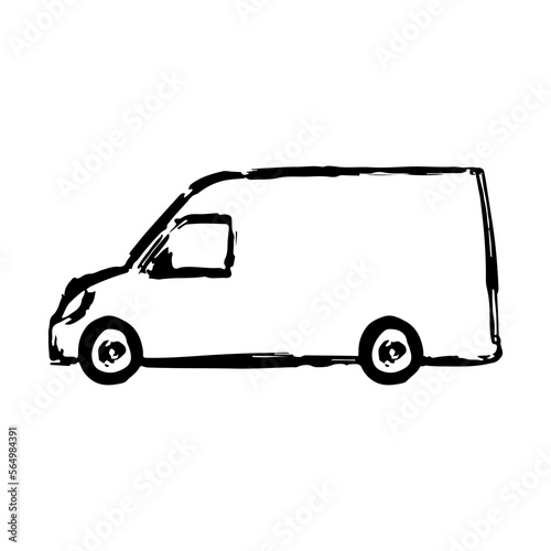 Van icon. Black ink contour linear silhouette. Side view. Vector simple flat graphic hand drawn illustration. Isolated object on a white background. Isolate.