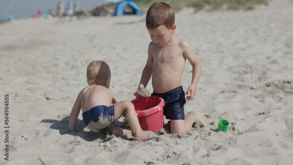 family vacations on seashore little children male siblings playing sand sea ocean coast sunny hot daytime. kids digging sand with colorful plastic molds and bucket playing together on beach white sand family vacations on seashore little children male siblings playing sand sea ocean coast sunny hot daytime. kids digging sand with colorful plastic molds and bucket playing together on beach white sand