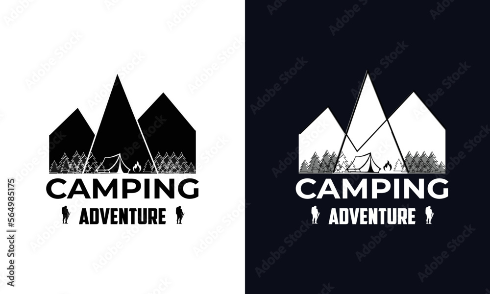 mountain logo vector. summer hiking t-shirt print design. Hand-drawn adventure logo with pine tree forest and quote - Camp Local. Old-style camp outdoors emblem in simple retro styl