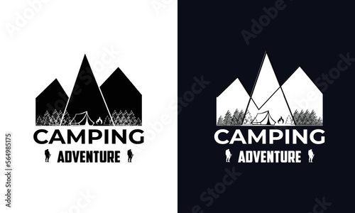 mountain logo vector. summer hiking t-shirt print design. Hand-drawn adventure logo with pine tree forest and quote - Camp Local. Old-style camp outdoors emblem in simple retro styl