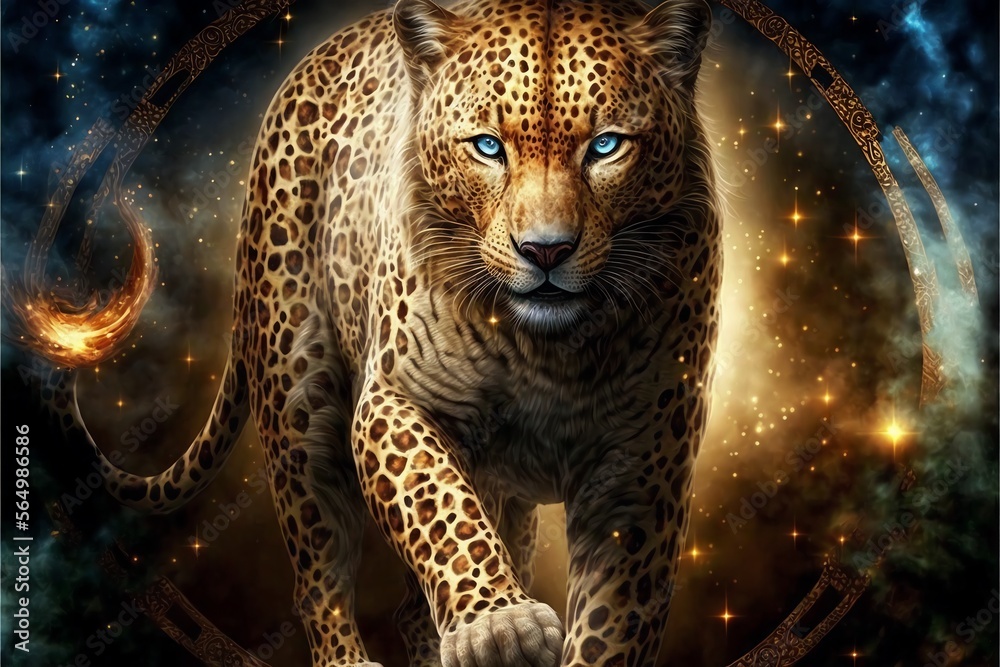 Powerful Epic Legendary Leopard Jaguar in Universe. Spiritual Animal Awakening Concept.Magical Fantasy Epic Wallpaper. Generative AI. - obrazy, fototapety, plakaty 