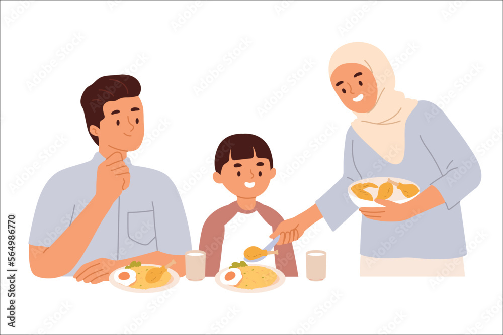 vector illustration of a muslim family enjoying food together on the table happily vector illustration of a muslim family enjoying food together on the table happily