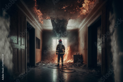 a fireman faces the fire in a room. Generative AI