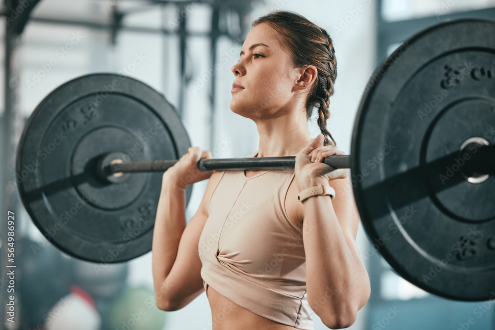 Foto Stock Gym training, barbell workout and woman doing muscle fitness  performance, body strength exercise or bodybuilding. Strong girl, health  club or bodybuilder weightlifting for athlete wellness lifestyle | Adobe  Stock