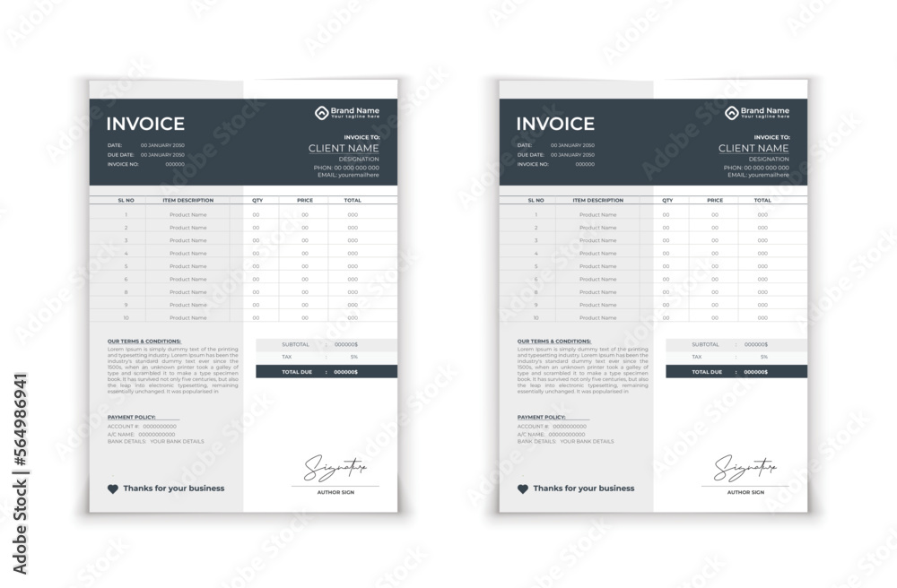 Minimal Black invoice template vector design. Minimal Black invoice template vector design.