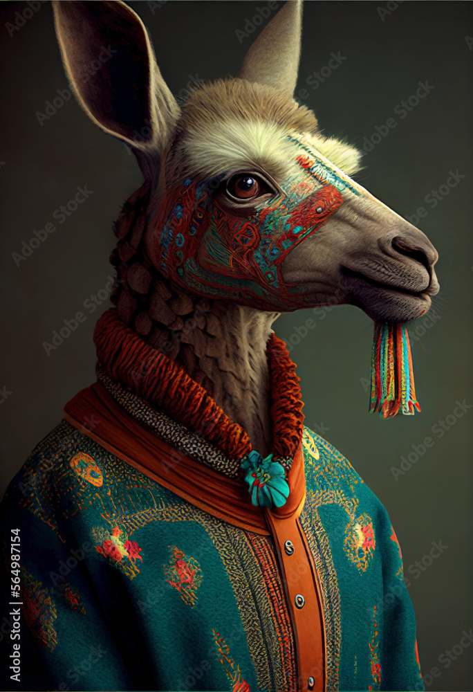 Llama wearing a traditional costume. Dressed animal portrait. Ai generated.