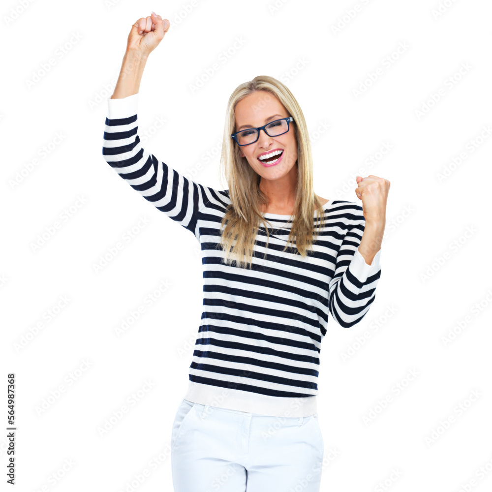 A beautiful young woman celebrating a victory with both her fist closed isolated on a PNG background. A beautiful young woman celebrating a victory with both her fist closed isolated on a PNG background.