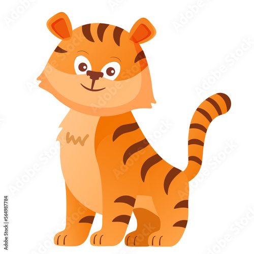 Fototapeta Naklejka Na Ścianę i Meble -  Cute tiger cartoon.Character funny animal. Muzzle emotions smiling.Vector flat illustration.Isolated on white background.