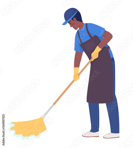 Male housekeeper mopping floor semi flat color vector character. Cleaning surface. Editable figure. Full body person on white. Simple cartoon style illustration for web graphic design and animation