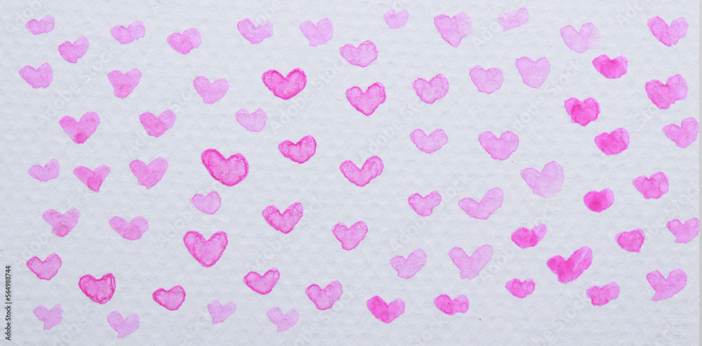 hand-painted watercolor pink hearts pattern, white background