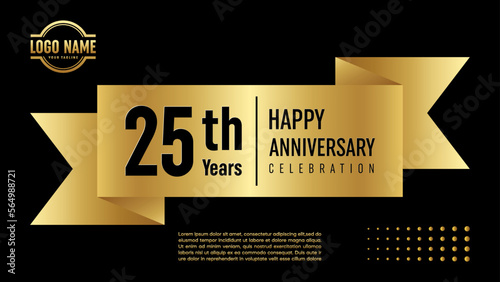 25 year anniversary. Anniversary template design concept with golden ribbon for anniversary celebration event, invitation card, greeting card, banner, poster, flyer, book cover. Vector Template